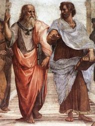 Plato and Aristotle in The School of Athens fresco, by Raphael. Plato is pointing heavenwards to the sky, and Aristotle is gesturing to the world.